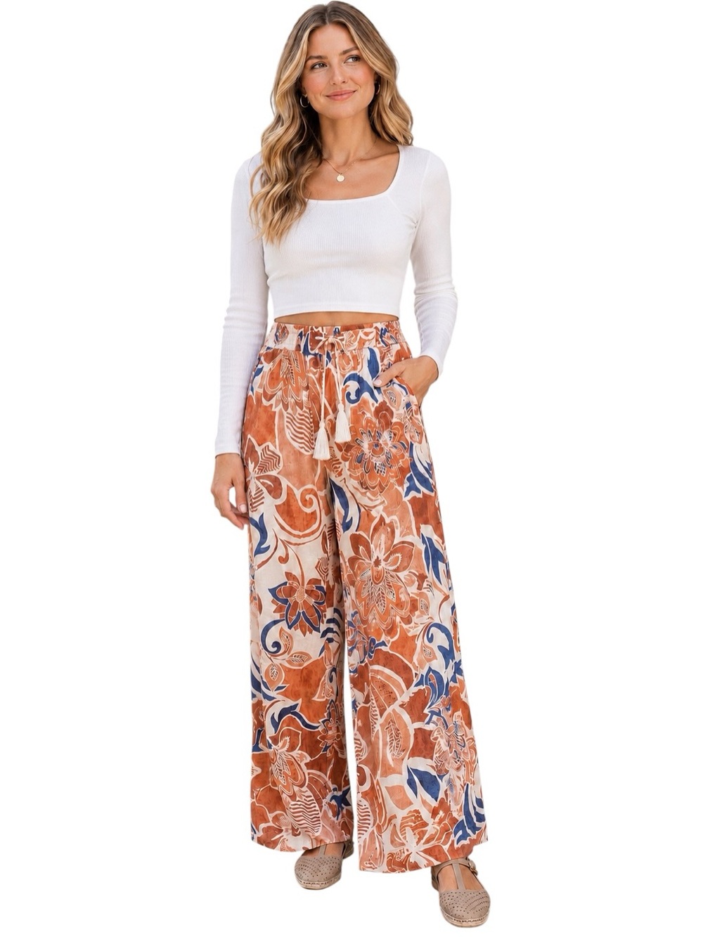 CECE Rust Floral Wide Leg Rayon Pull-On Pants